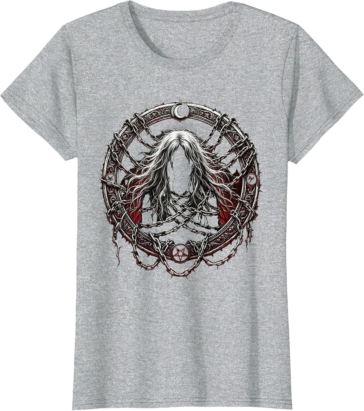 Emo Chained Long Hair Dark Art Graphic T-Shirt - Heather Grey