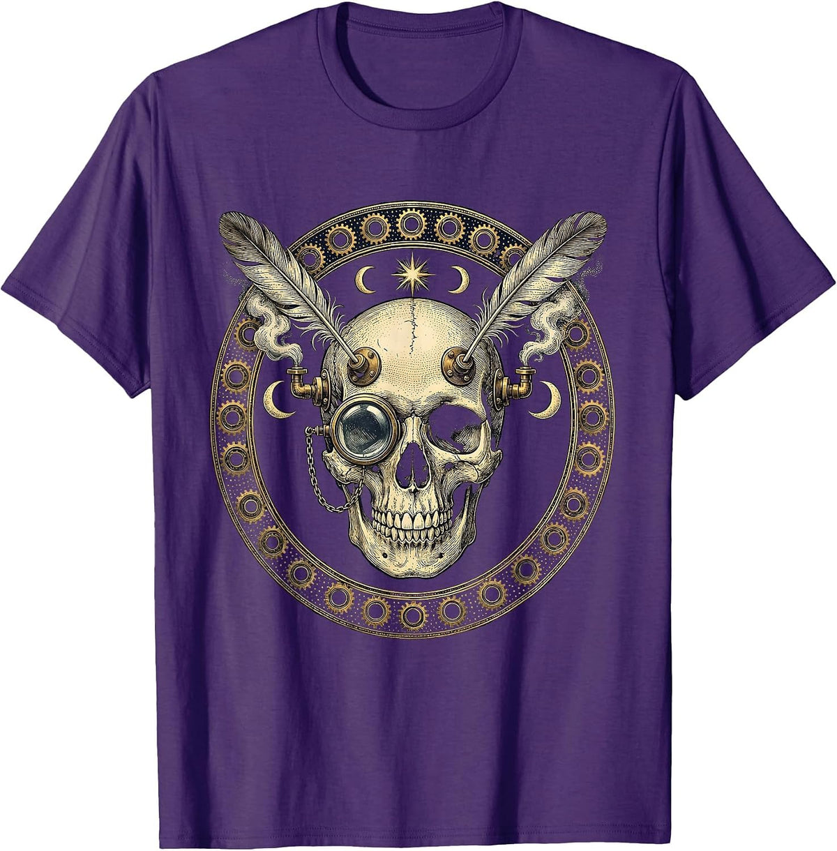 Steampunk Skull Monocle Steam Vent Gothic Art T-Shirt - Purple