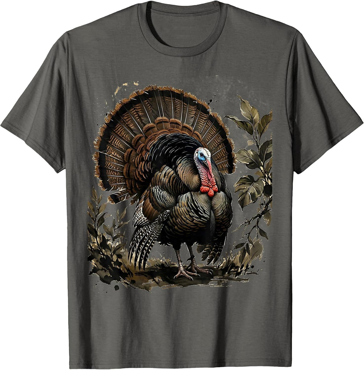 Wild Turkey Camo Foliage Hunting Illustration T-Shirt - Asphalt Grey