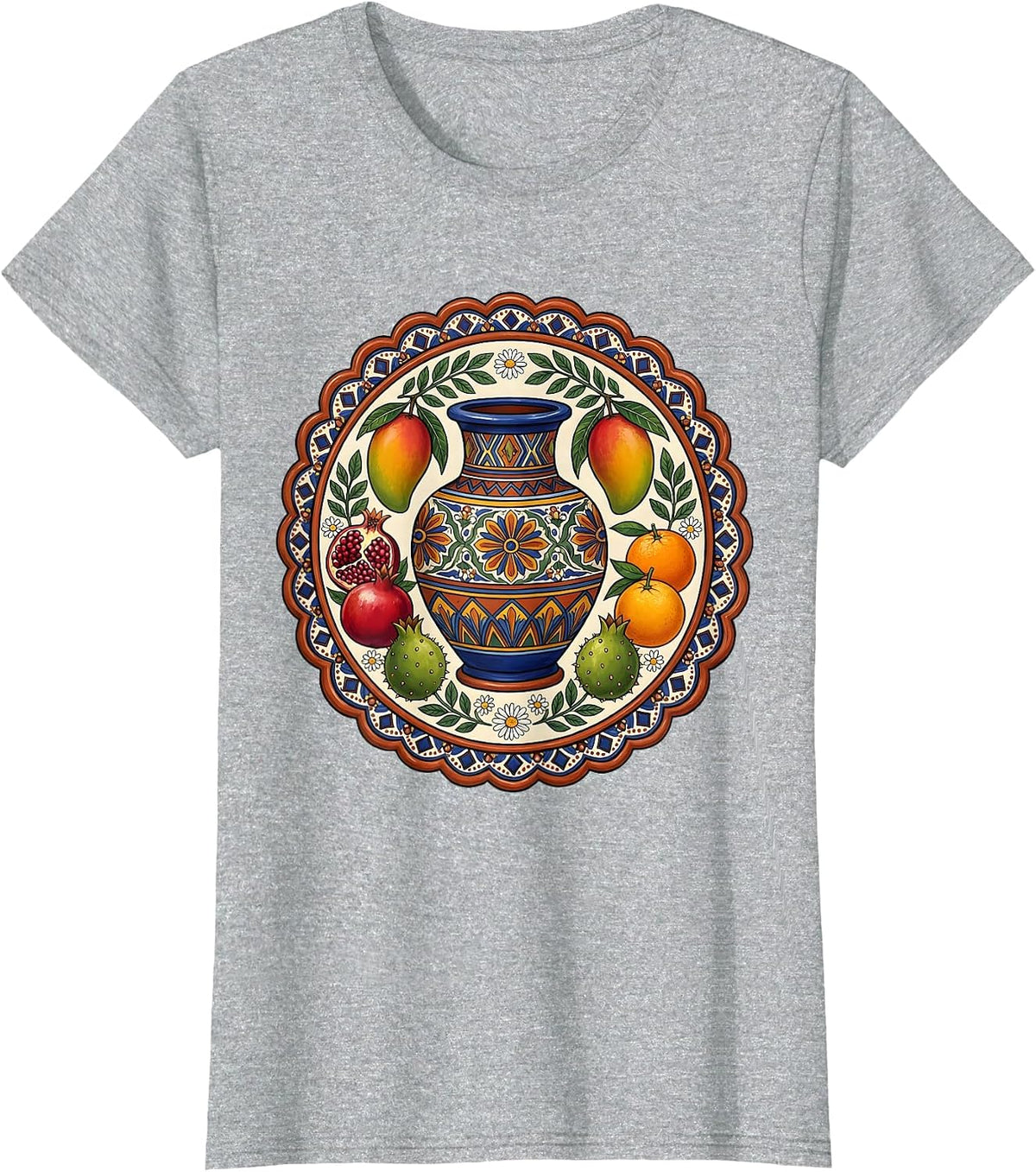 Mamacita Vintage Mexican Pottery and Fresh Fruit Art T-Shirt - Heather Grey