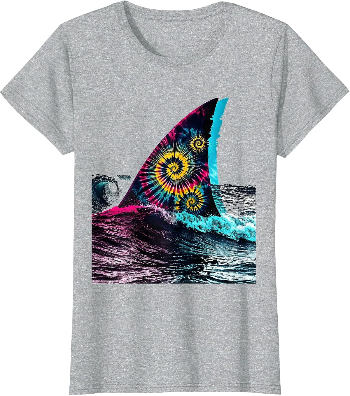 Women's Tie Dye Shark Fin Cutting Through Waves T-Shirt - Heather Grey