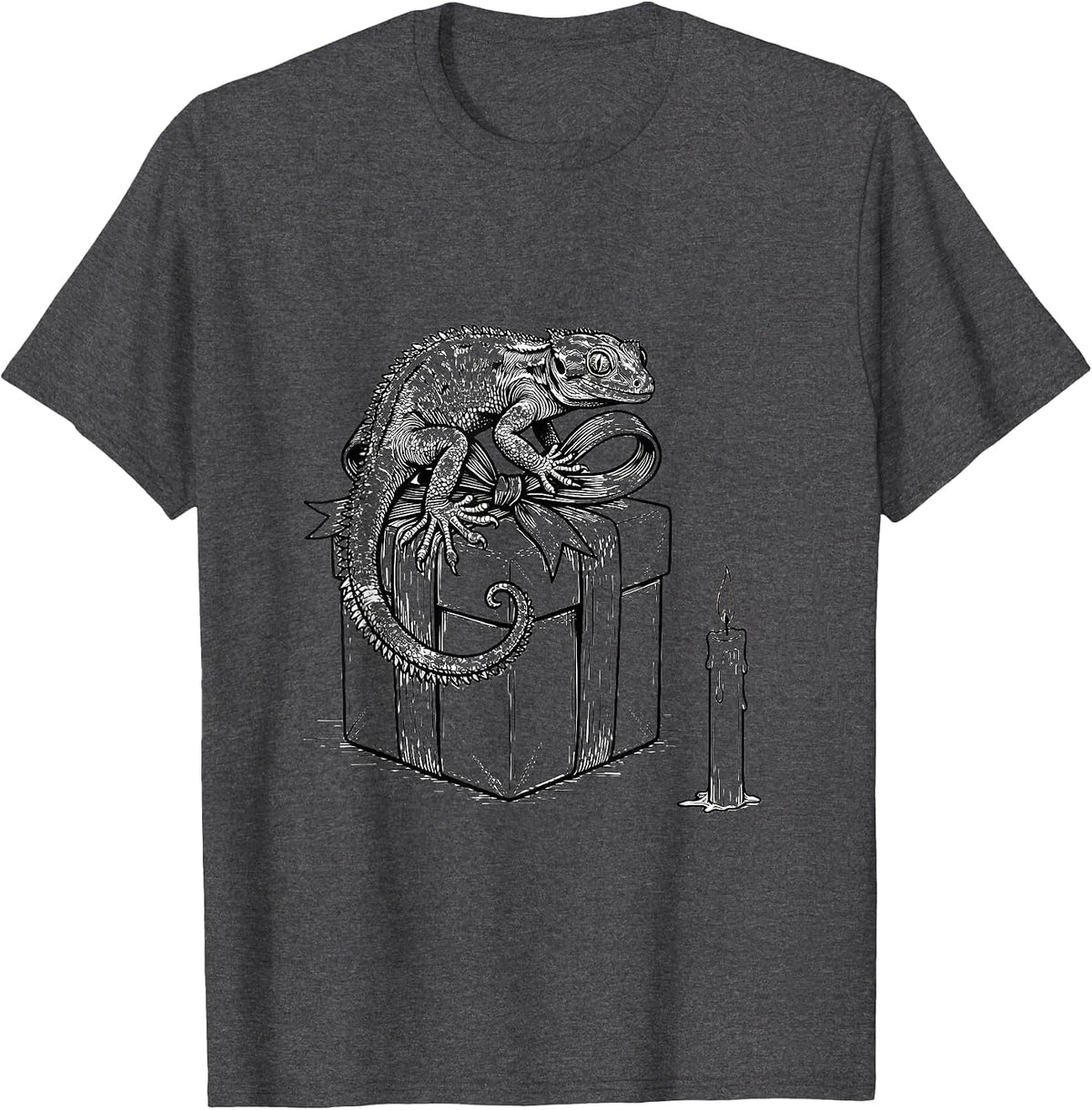 Crested Gecko Gift Box Line Art Reptile Keeper Christmas T-Shirt - Dark Heather Grey
