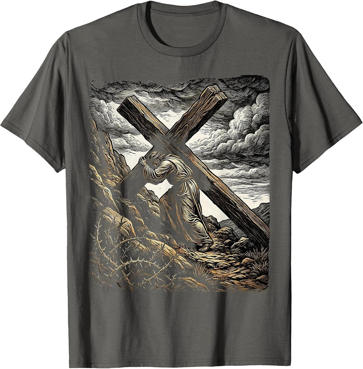 Jesus Carrying the Cross Up the Hillside T-Shirt - Asphalt Grey