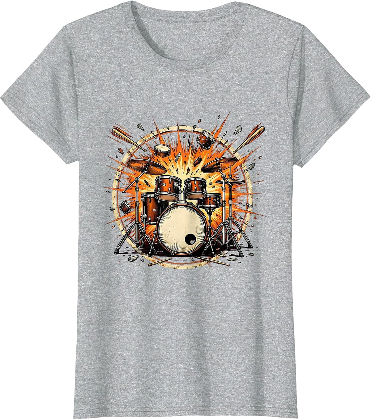 Exploding Drum Kit Rock Music Graphic Tee T-Shirt - Heather Grey