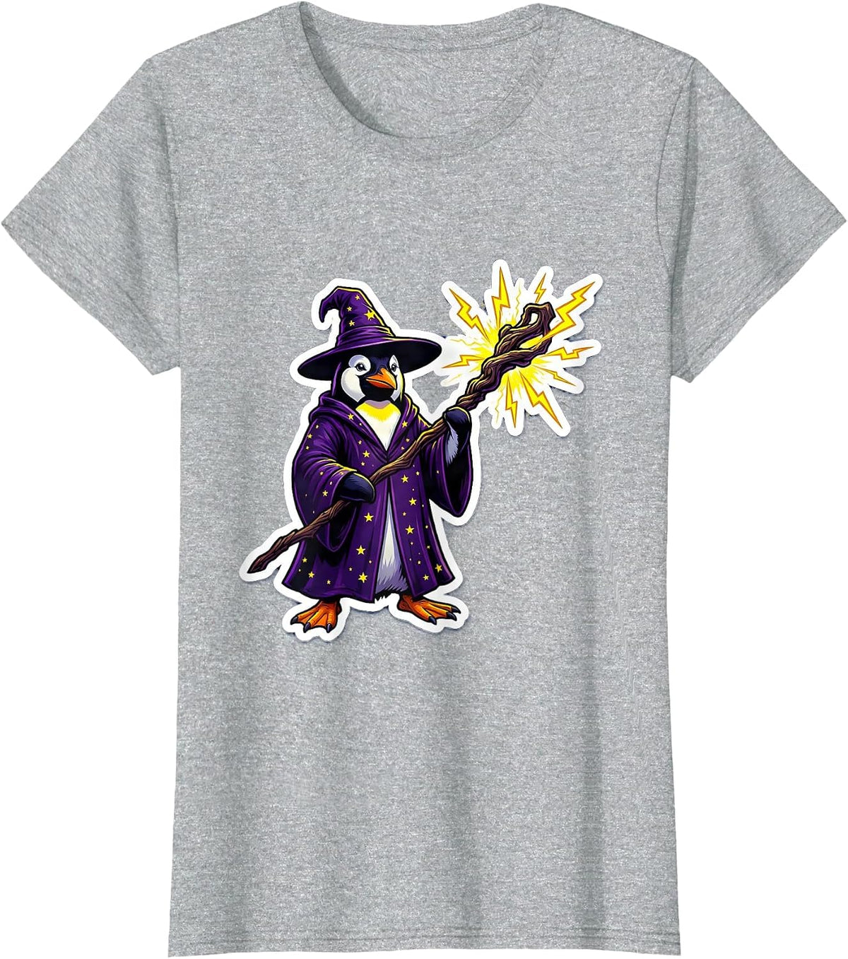 Women's Penguin Wizard Lightning Staff Fantasy Art T-Shirt - Heather Grey