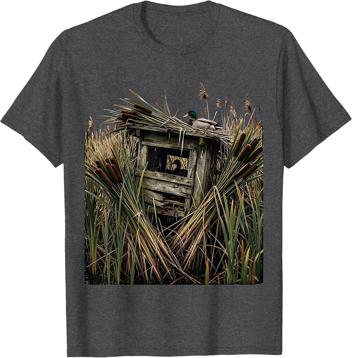 Camo Duck Blind Cattail Reeds Hunting Illustration T-Shirt - Dark Heather Grey