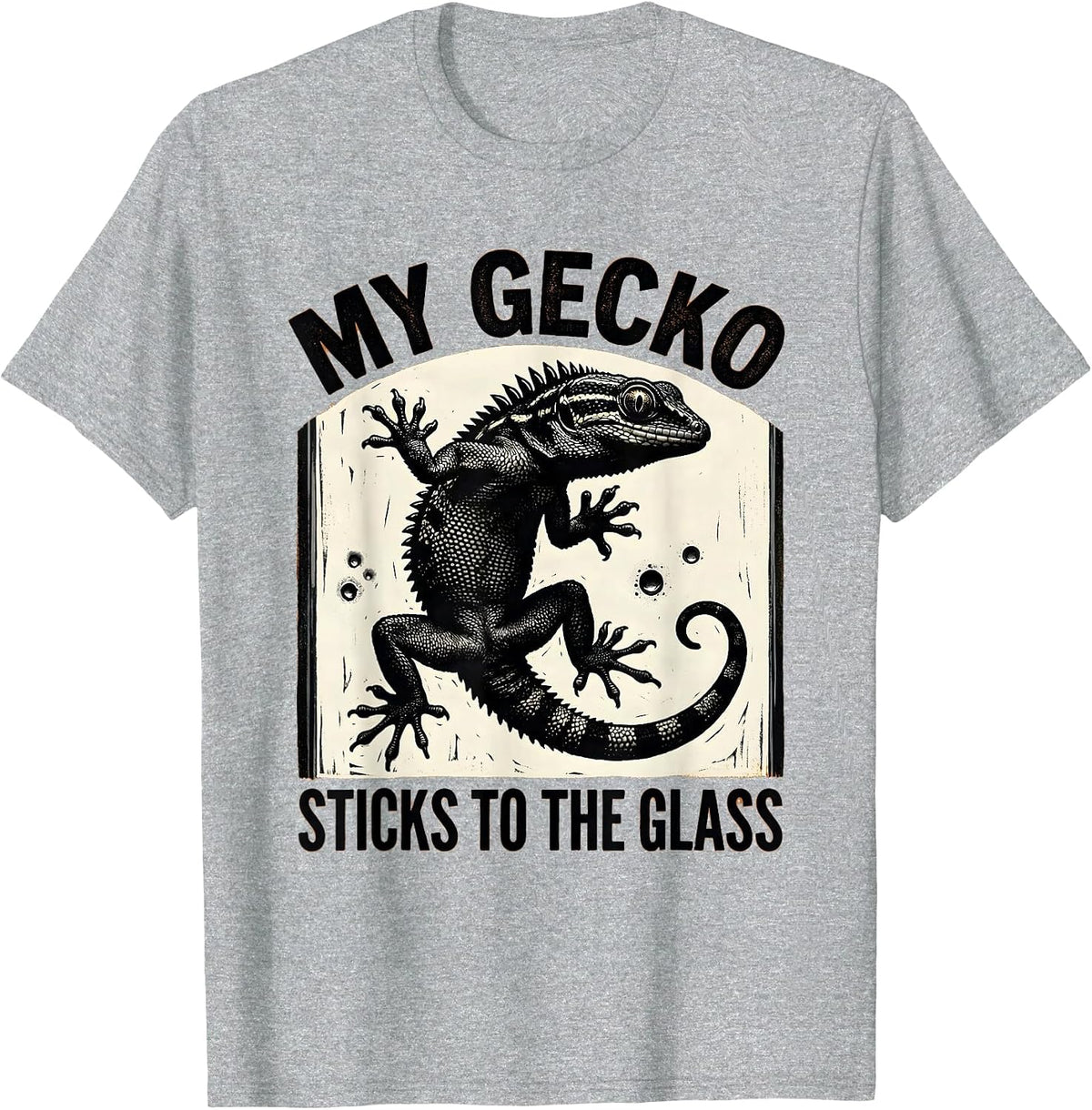 Men's My Gecko Sticks To The Glass Funny Reptile Pet Lover Linocut T-Shirt - Heather Grey