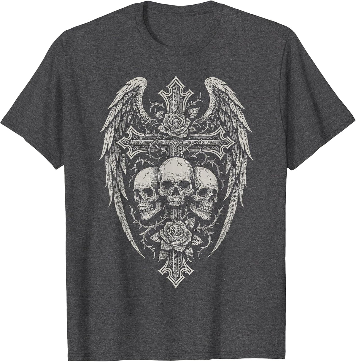 Y2K Grunge Aesthetic Alt Goth Skull Cross Gothic T-Shirt - Dark Heather Grey