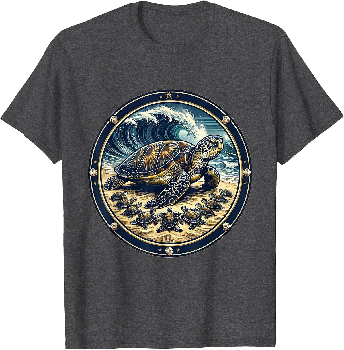 Men's Mama Turtle With Hatchlings on Beach Graphic T-Shirt - Dark Heather Grey