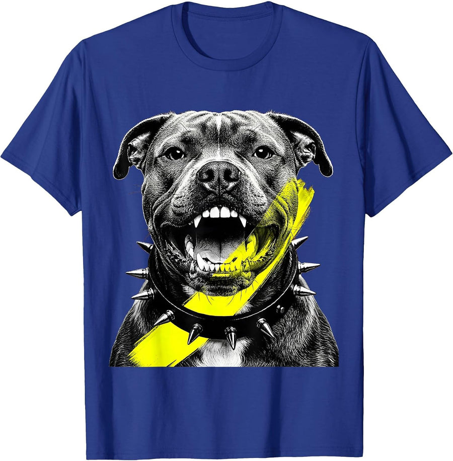 Grunge Pit Bull Spiked Collar Snarling Dog Art T-Shirt - Royal Blue