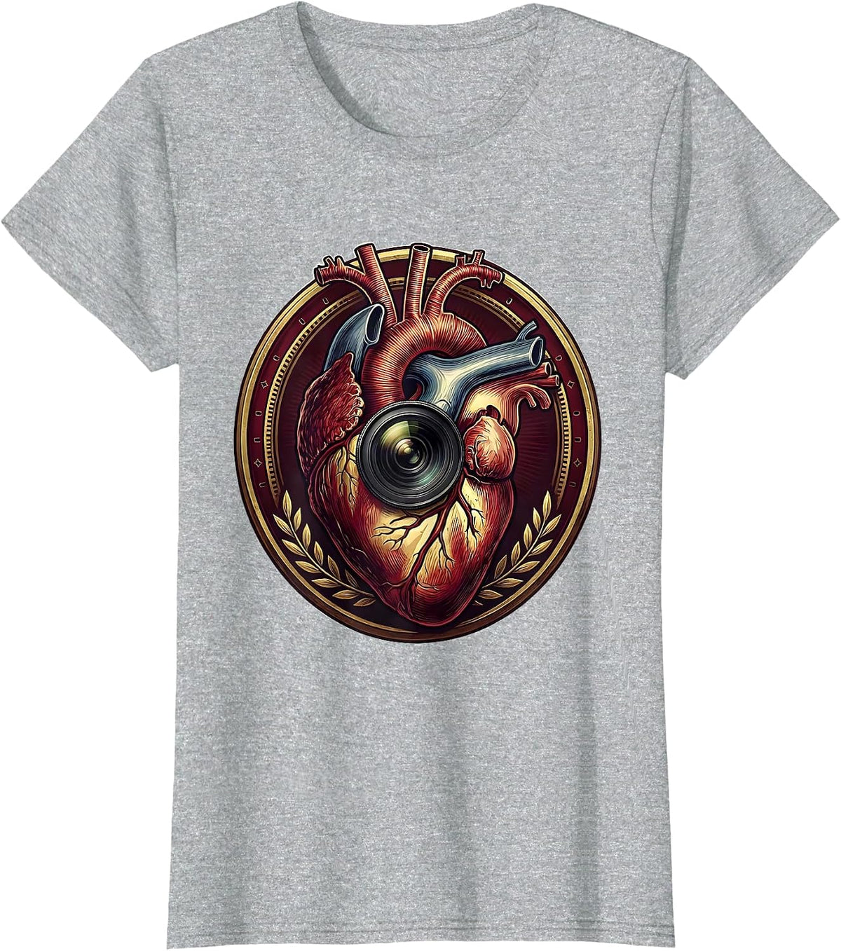 Women's Heart-Shaped Camera Photography Love Art T-Shirt - Heather Grey