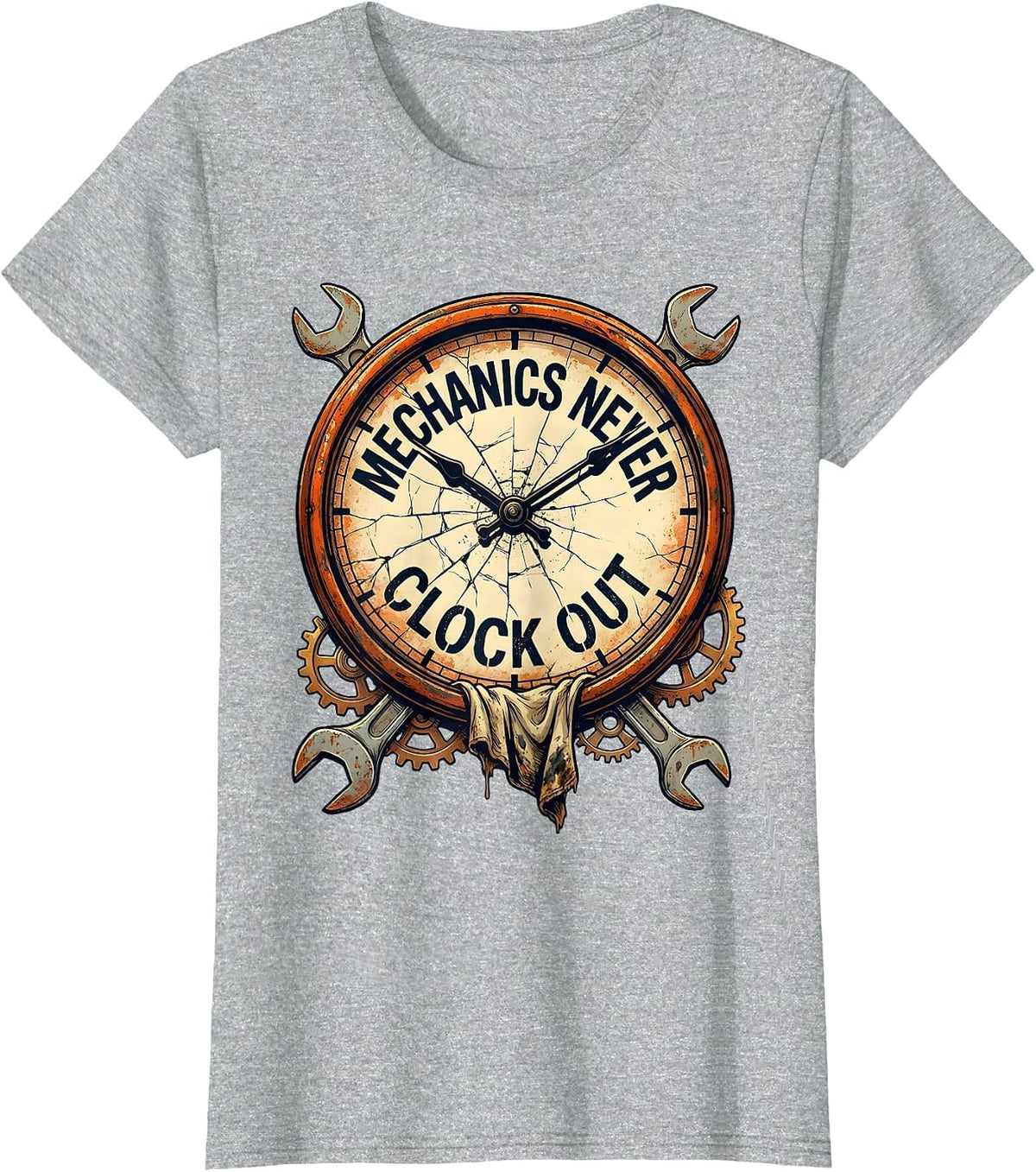 Women's Mechanics Never Clock Out Wrench Design T-Shirt - Heather Grey
