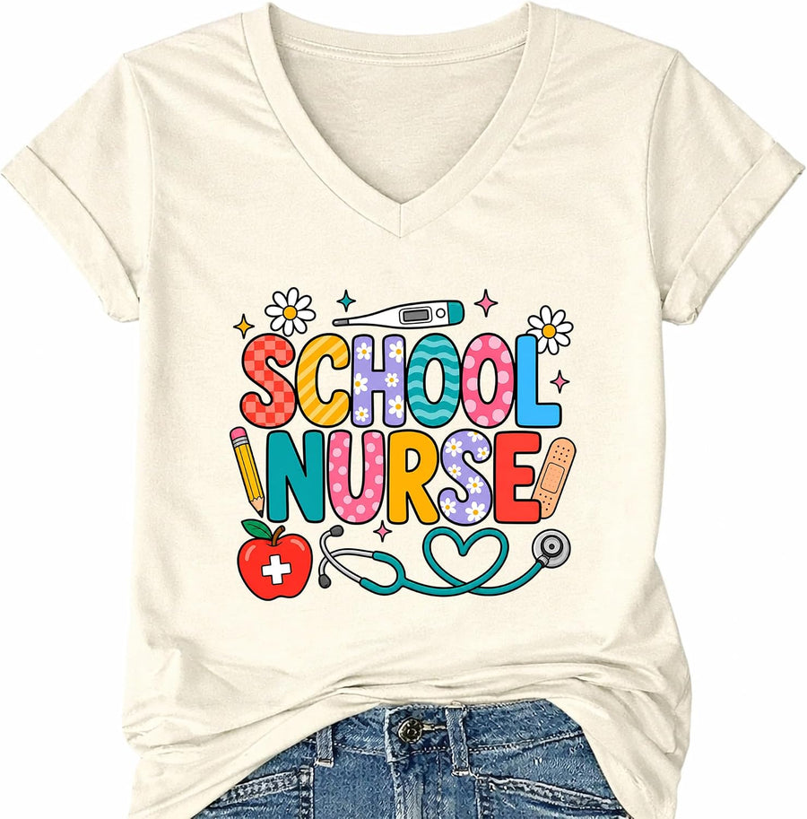 Nurse Shirt School Nurse Tshirt Back to School Shirt Nursing Life T-Shirts - Creamy Yellow V-neck