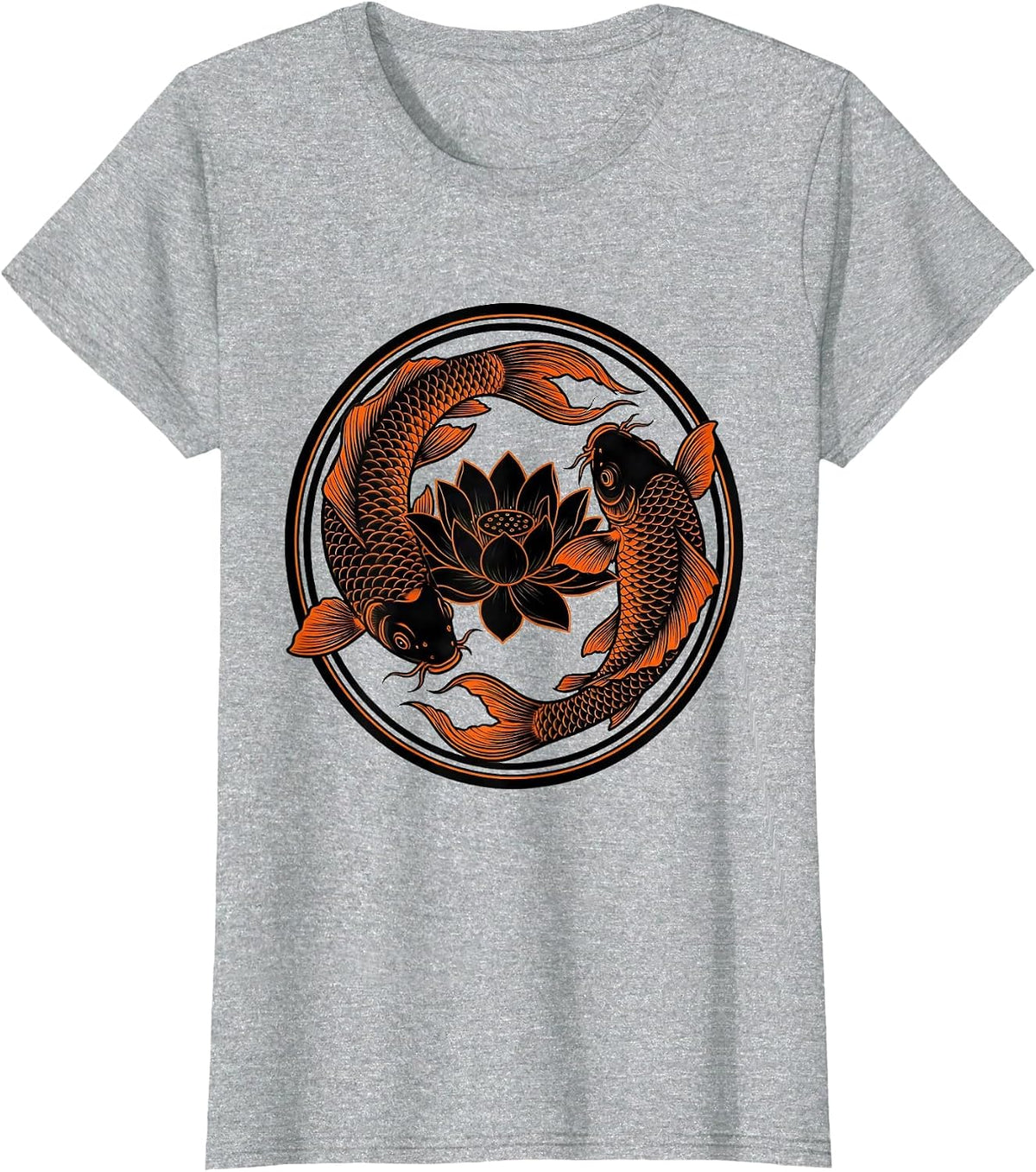 Orange Koi Fish Black Lotus Graphic Design T-Shirt - Heather Grey