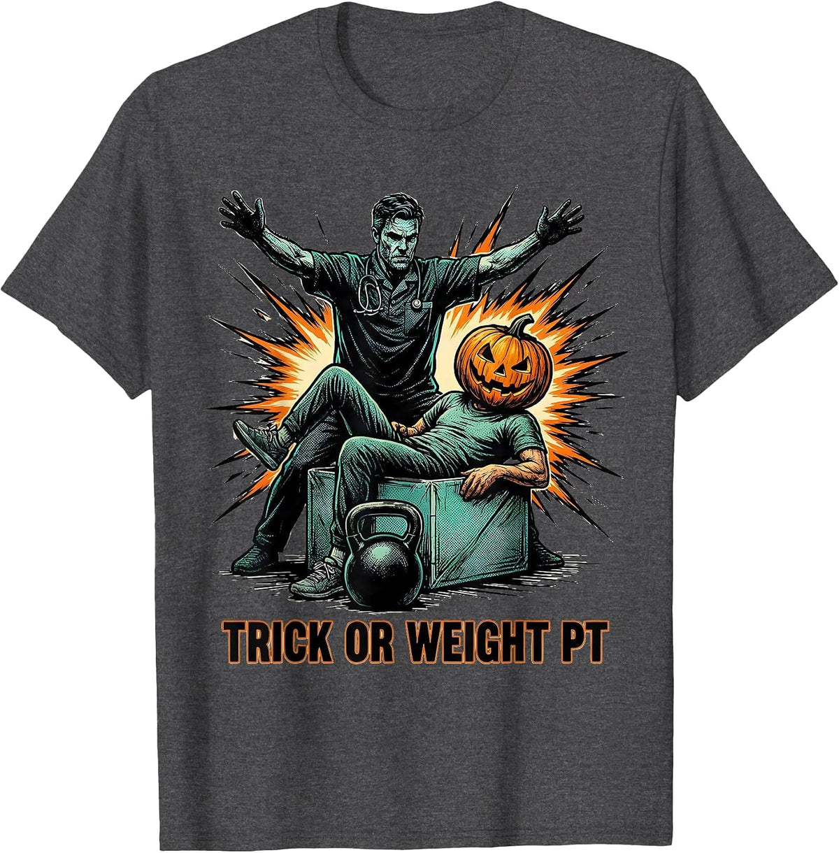 Men's Trick Or Weight PT Comic Ghost Physical Therapy Halloween T-Shirt - Dark Heather Grey