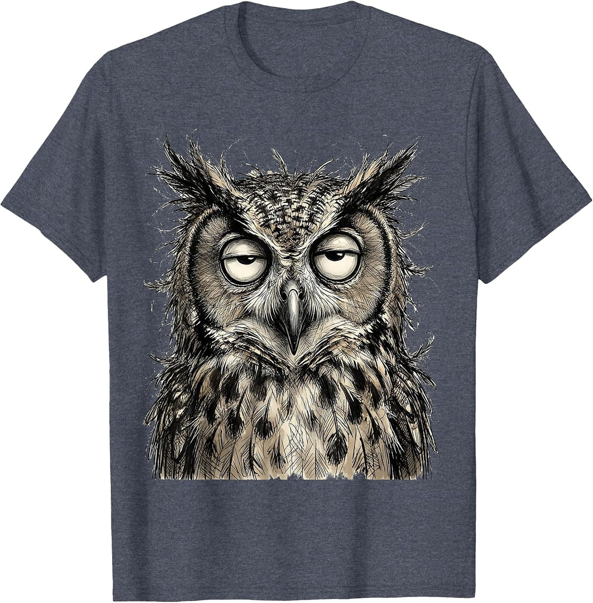 Wide-Eyed Owl Ruffled Feathers Graphic Design T-Shirt - Heather Blue