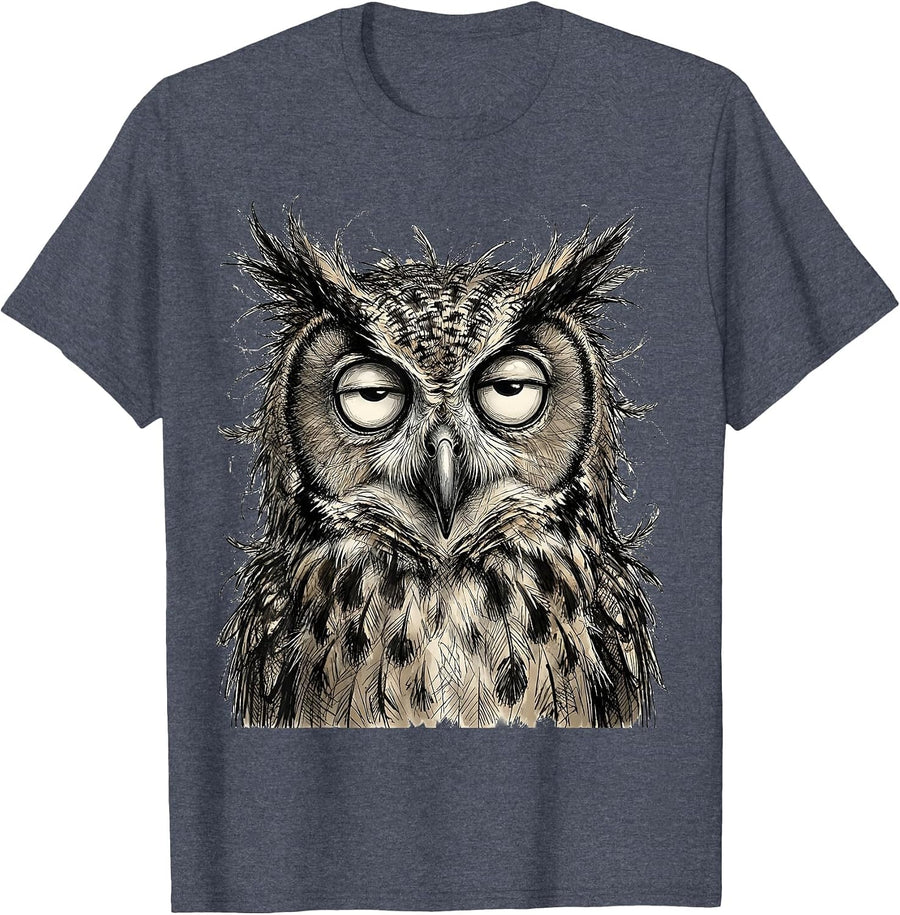 Wide-Eyed Owl Ruffled Feathers Graphic Design T-Shirt - Heather Blue