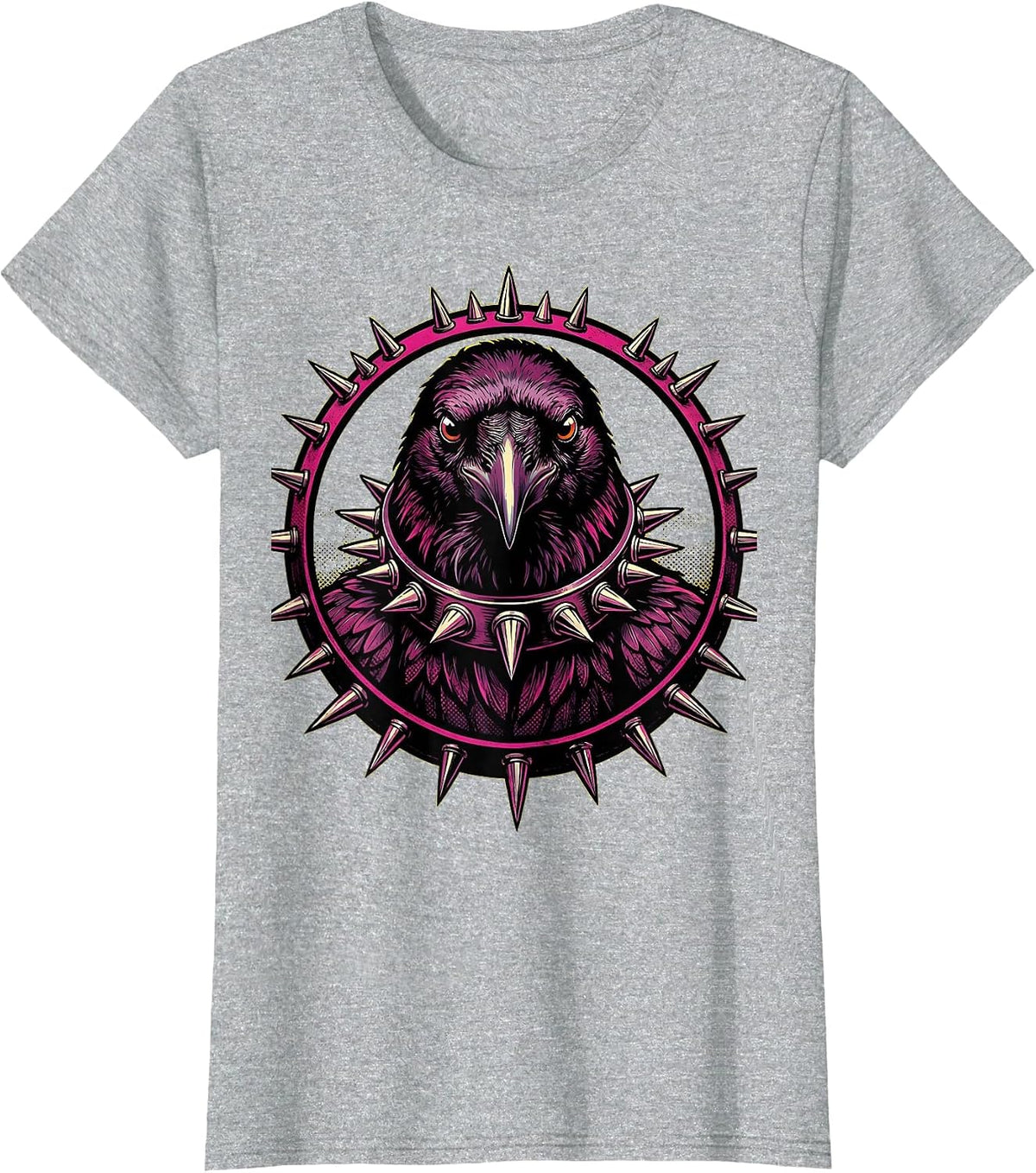 Punk Rock Crow Spiked Collar Graphic T-Shirt - Heather Grey