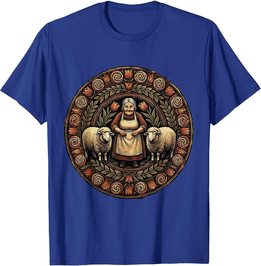 Grandma Shearing Sheep Farm Life Illustration T-Shirt - Royal Blue