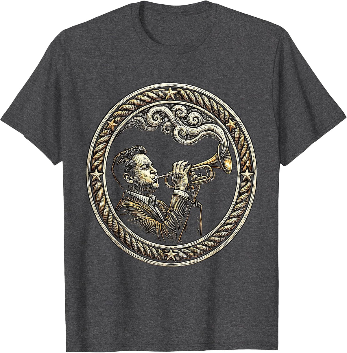 Cuban Trumpet Player with Smoke Swirls Art T-Shirt - Dark Heather Grey