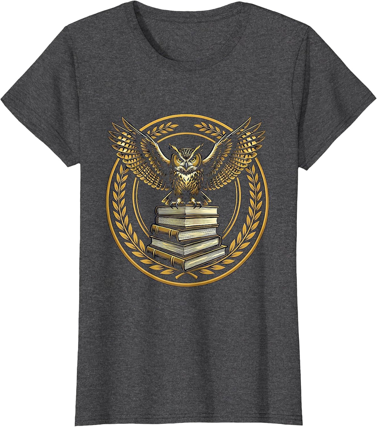 Women's Wise Owl Perched on Stacked Textbooks Design T-Shirt - Dark Heather Grey
