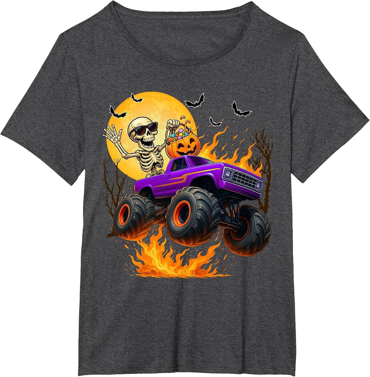Spooky Skeleton Riding Monster Truck Halloween Costumes Boy T-Shirt - Dark Heather Grey