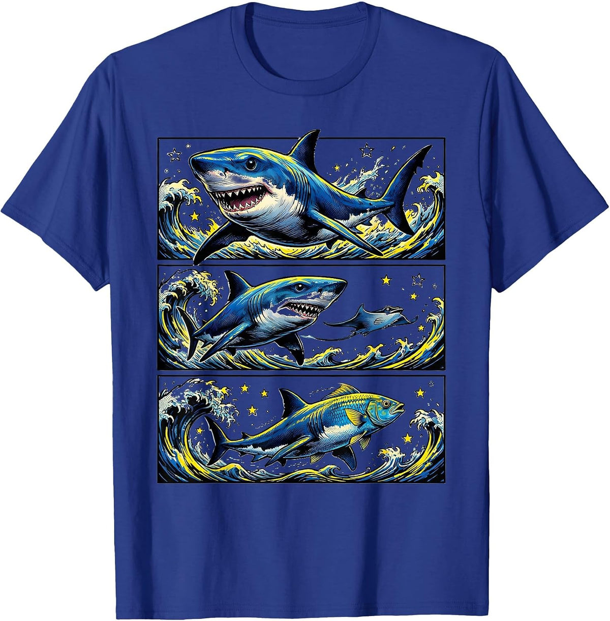 Men's Comic Blue Shark Parade Ocean Wildlife Humor T-Shirt - Royal Blue