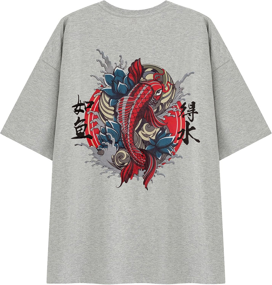 XYXIONGMAO Casual Loose Couple T-Shirt Cotton Japanese Carp Pattern Big and Tall Graphic Streetwear Hip Hop Shirts for Men -