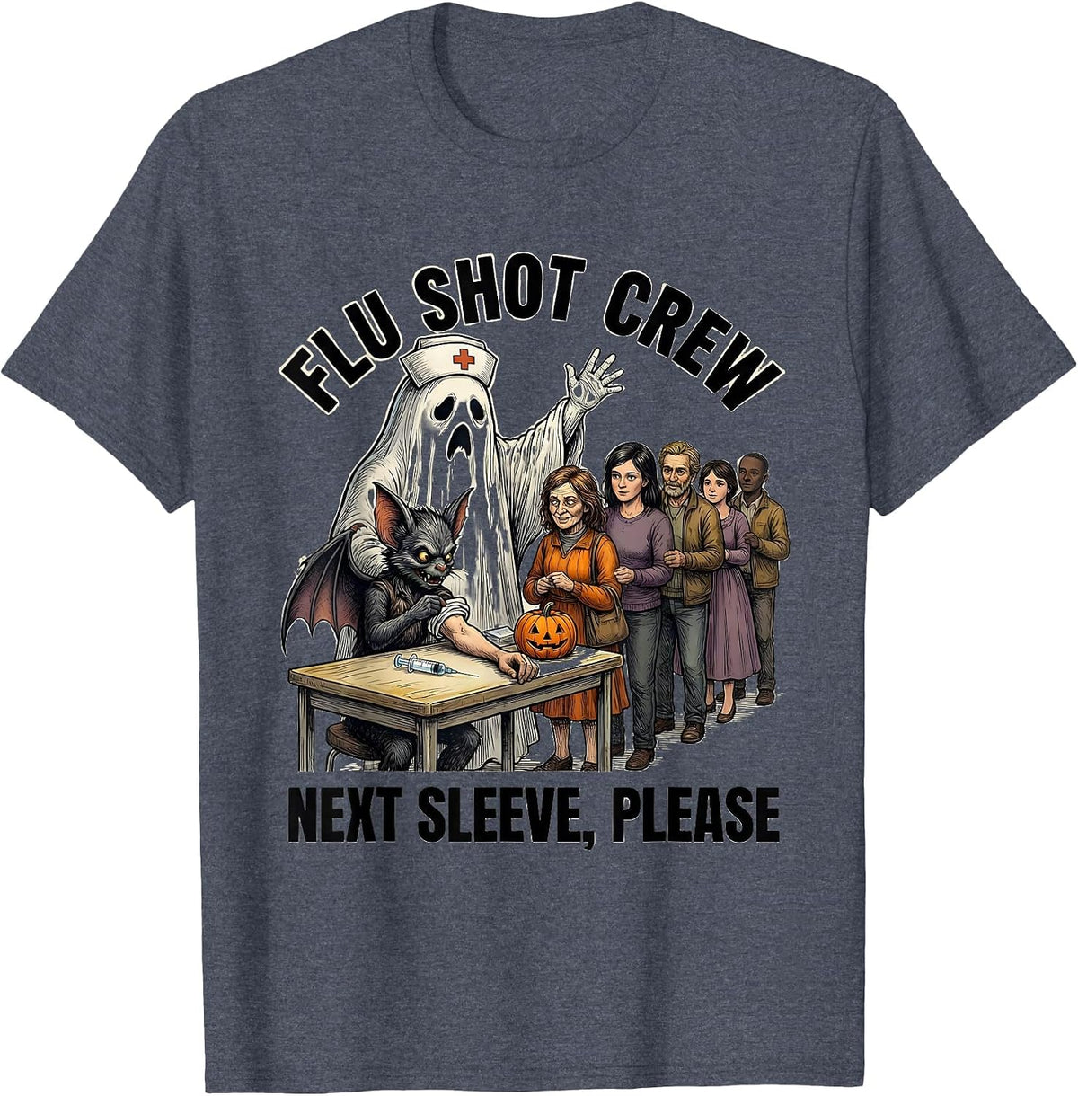 Flu Shot Crew Next Sleeve Please Funny Nurse Ghost Halloween T-Shirt - Heather Blue