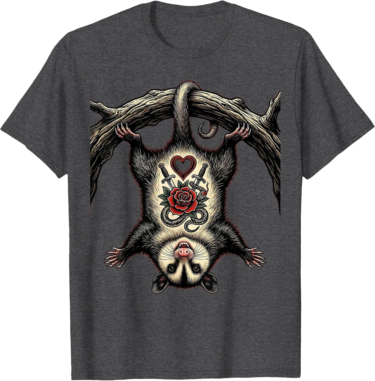 Tattooed Opossum Hanging Upside Down Graphic T-Shirt - Dark Heather Grey