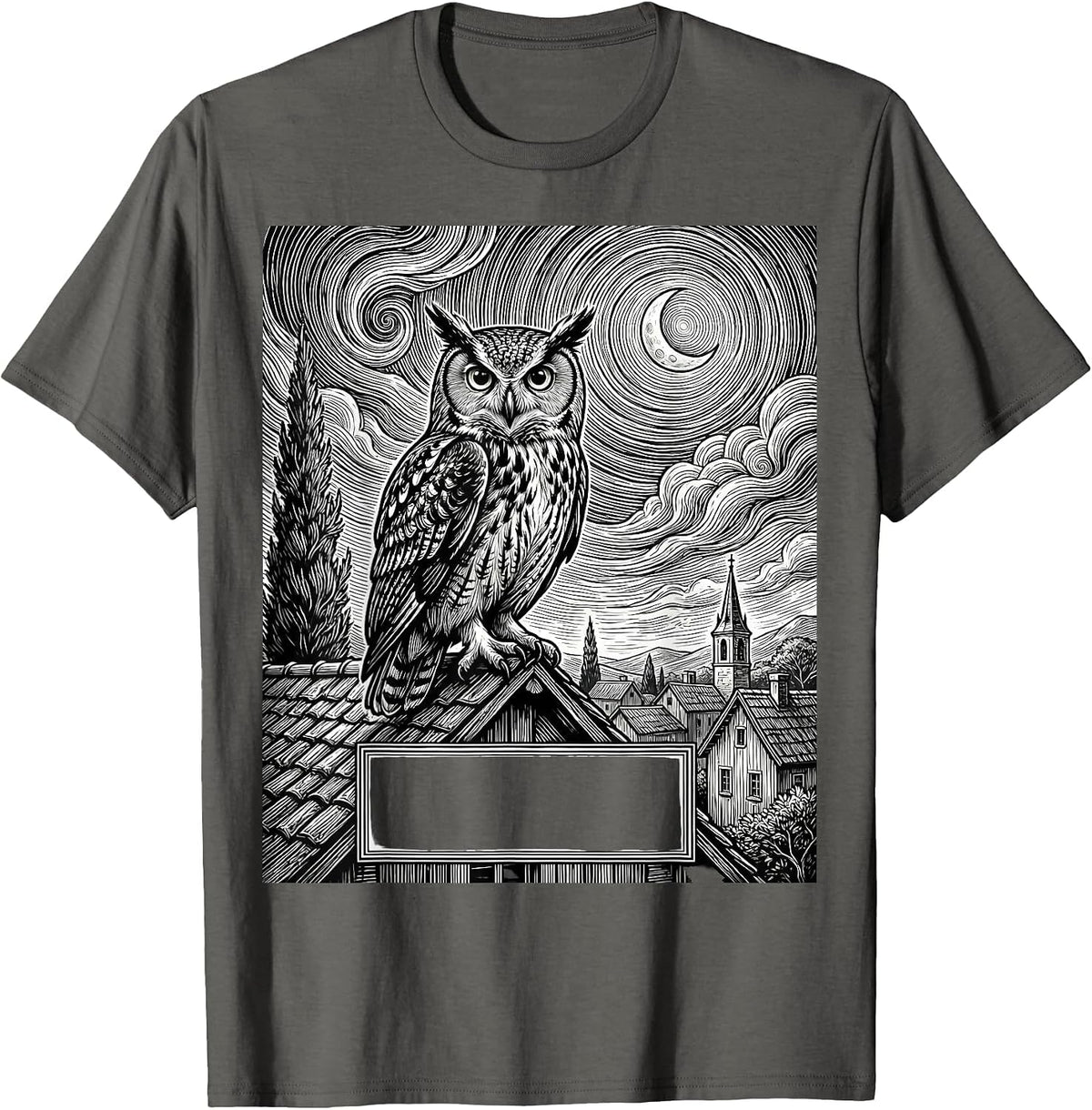 Men's Owl Starry Night Line Art Cat Lover Whimsical T-Shirt - Asphalt Grey