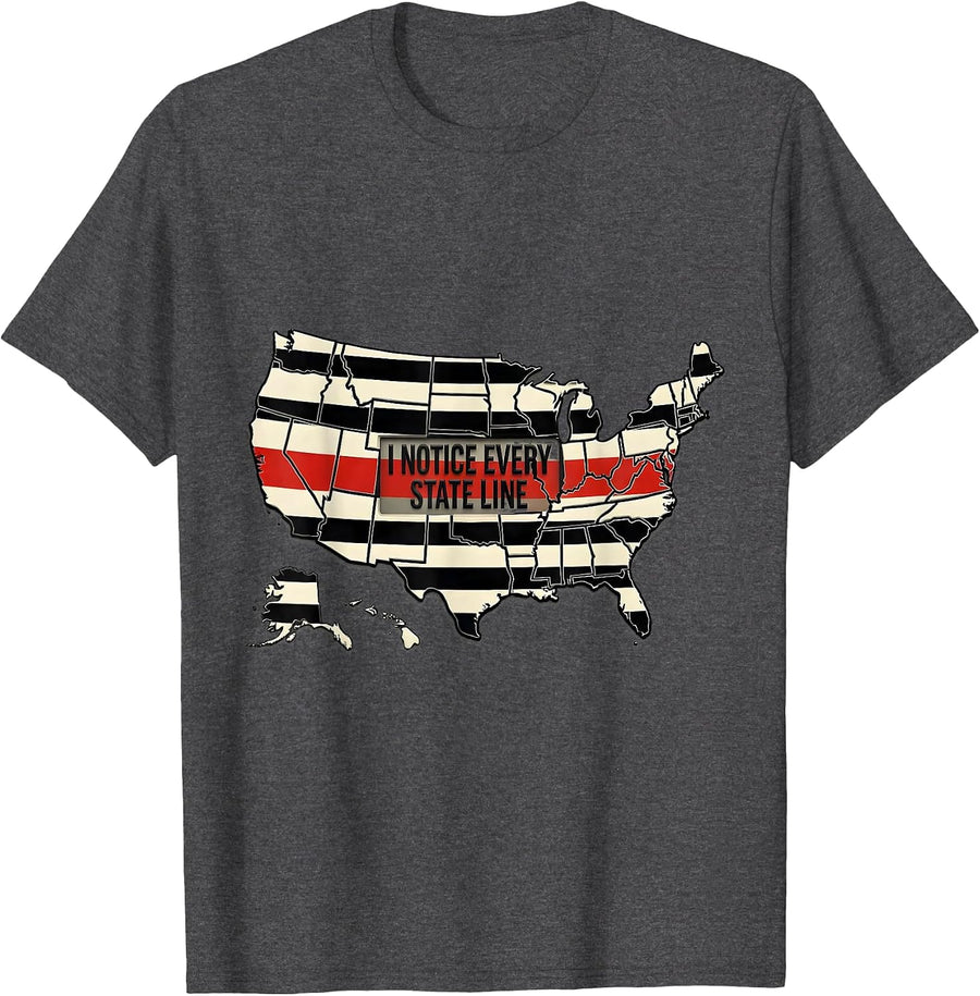 Men's I Notice Every State Line Disrupted Stripe Geography T-Shirt - Dark Heather Grey