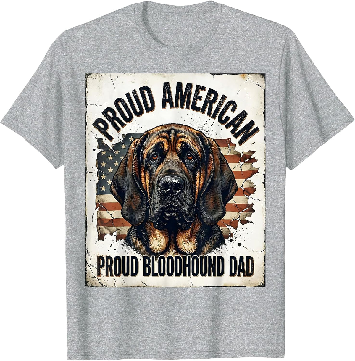 Men's Proud American, Proud Bloodhound Dad Distressed Patriotic T-Shirt - Heather Grey