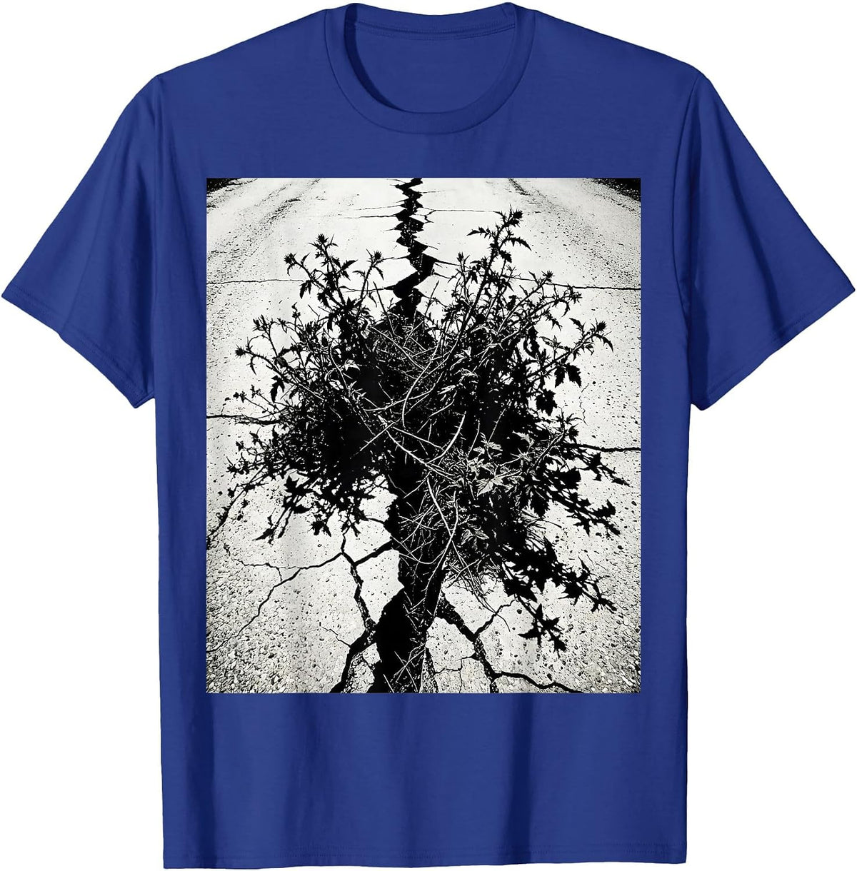 Grunge Cracked Pavement Dark Weeds Growing T-Shirt - Royal Blue