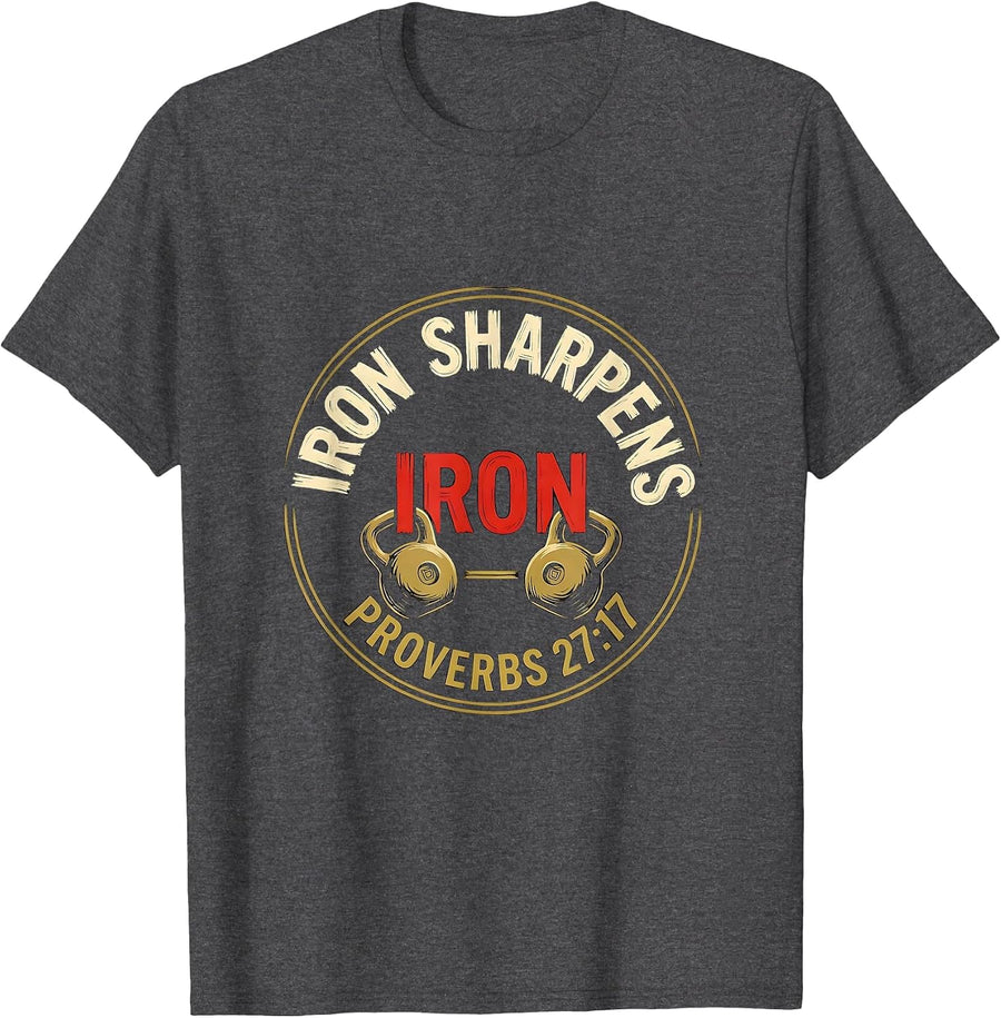 Men's Iron Sharpens Iron Christian Men Gym Scripture Workout T-Shirt - Dark Heather Grey