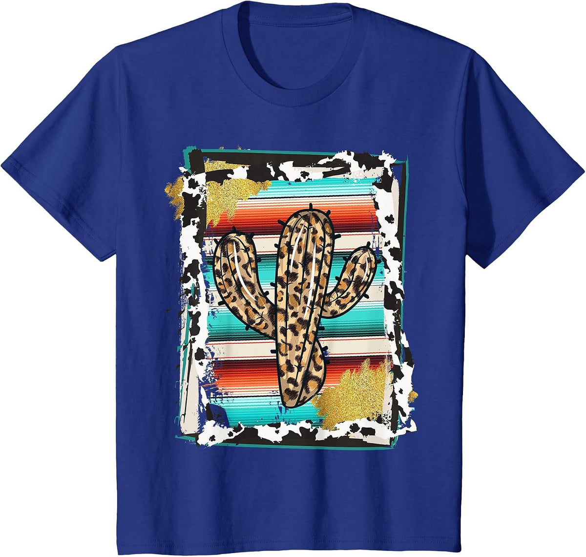 Serape Cactus - Leopard Cow Pattern Print Cowgirl Rodeo T-Shirt - Royal Blue