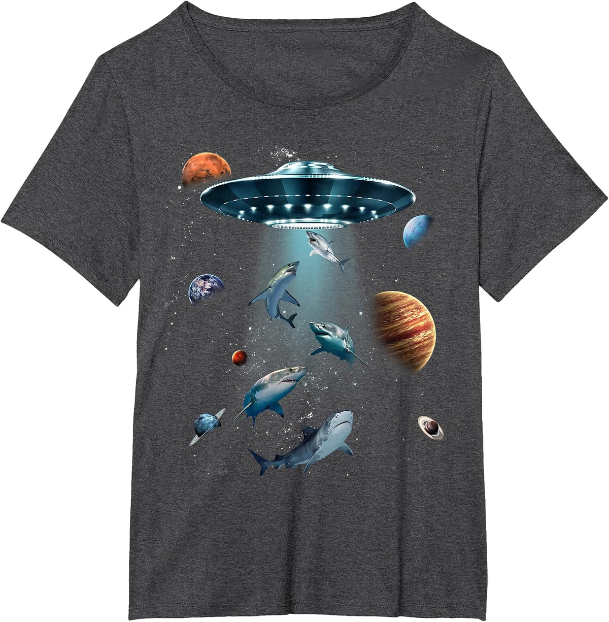 Galaxy Fish Shark Space UFO Alien Stars Sea Ocean Sharks T-Shirt - Dark Heather Grey