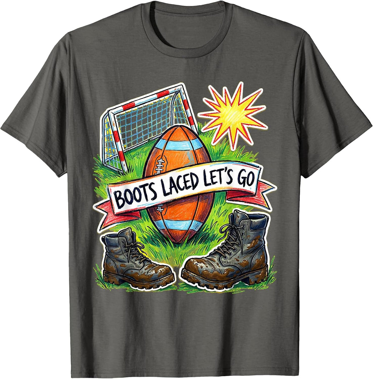 Men's Boots Laced Let's Go Rugby Graphic Design T-Shirt - Asphalt Grey