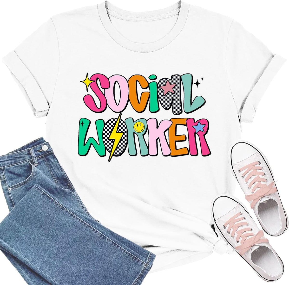 Social Worker Shirt Social Work Life T-Shirt Letters Heart Printing Tee Tops - White