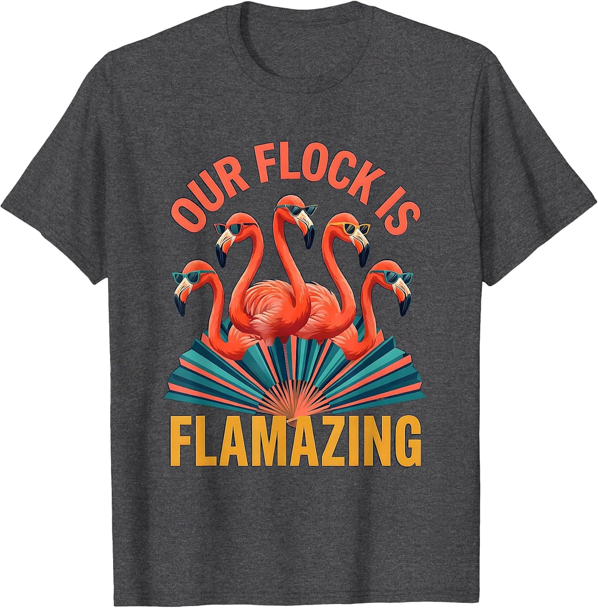 Our Flock Is Flamazing Flat Vector Flamingo Sunglasses T-Shirt - Dark Heather Grey