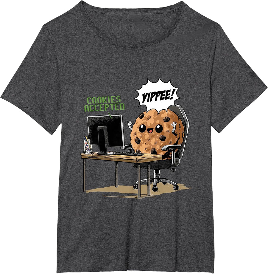 Cookies Accepted Nerd Shirt Funny Computer Internet Coder T-Shirt, Women's Plus, Dark Heather Grey, 1X - As Pictured