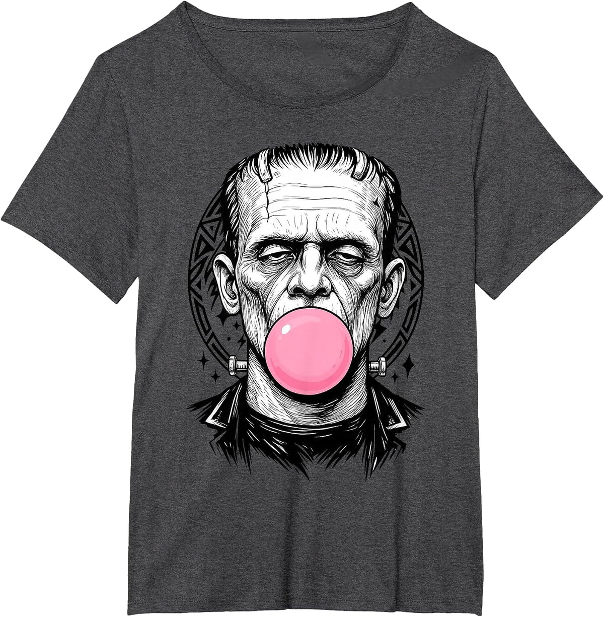 Frankenstein Monster Bubble Gum Funny Vintage Halloween T-Shirt - Dark Heather Grey