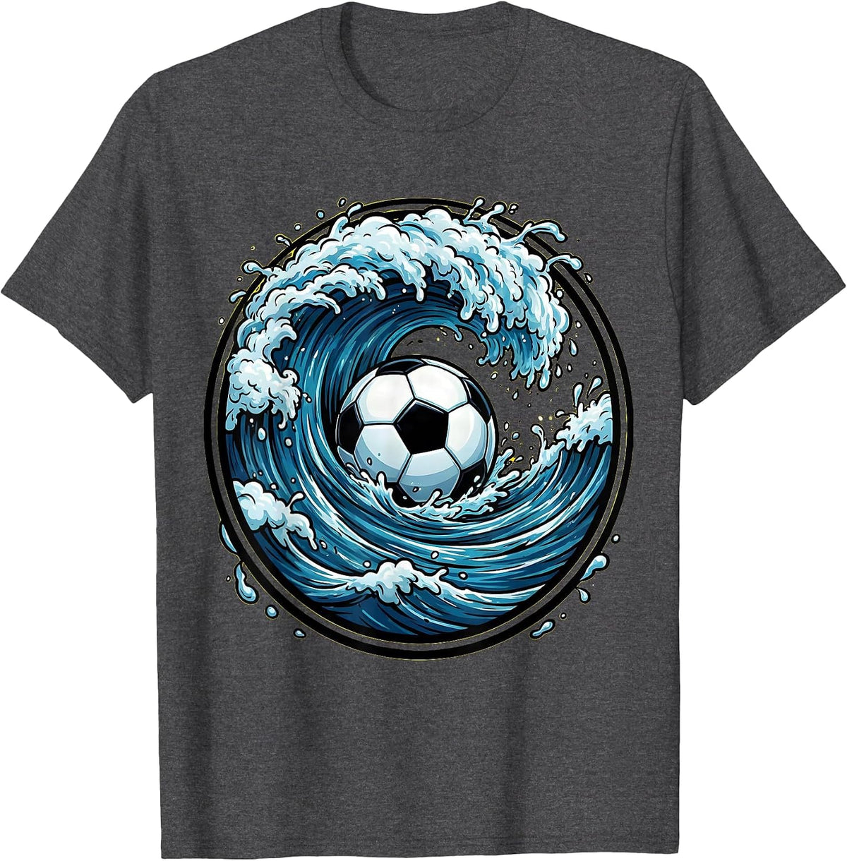 Giant Wave Curling Around Soccer Ball Art T-Shirt - Dark Heather Grey