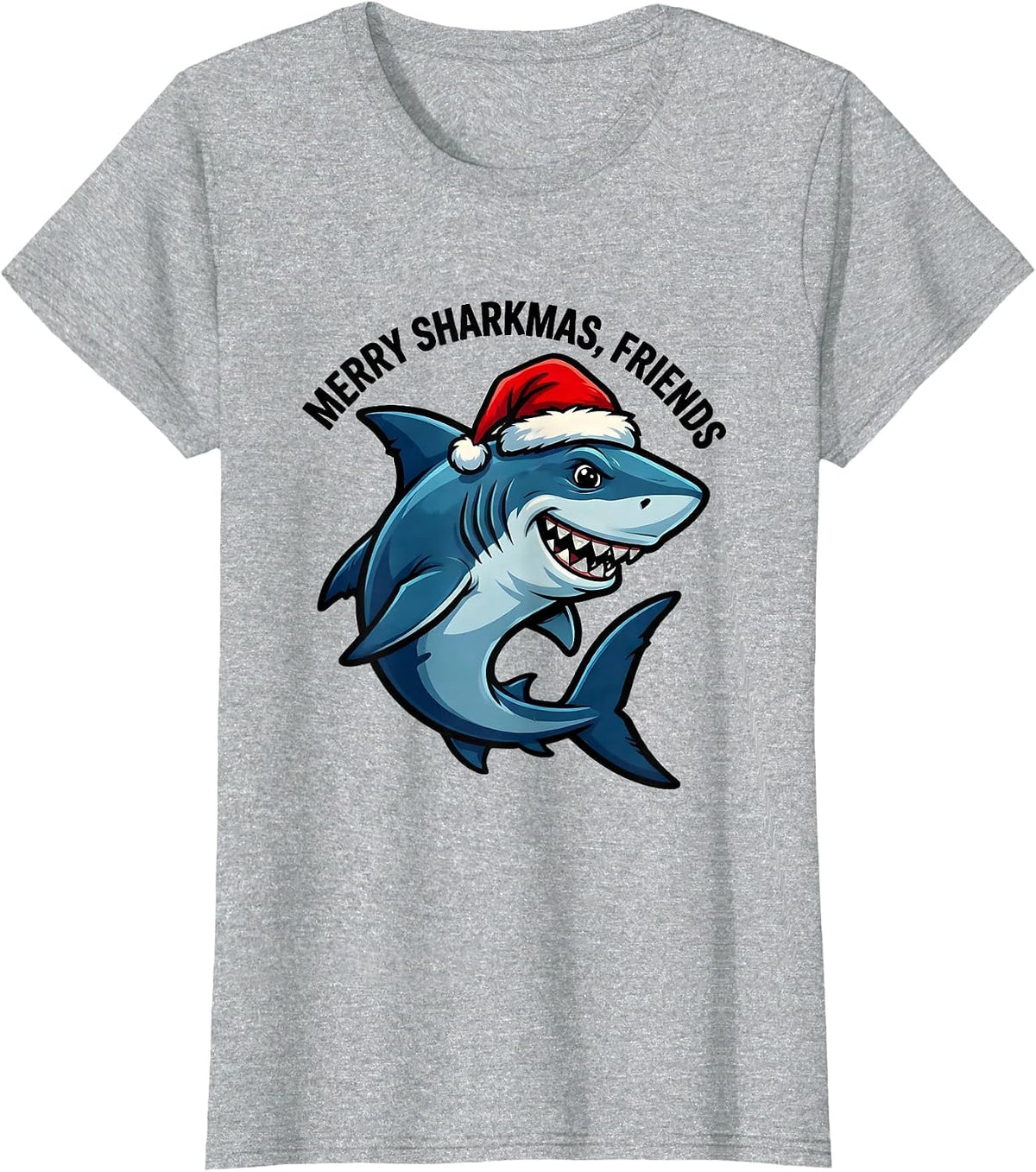 Women's Merry Sharkmas Friends Cartoon Shark Lover Christmas Humor T-Shirt - Heather Grey