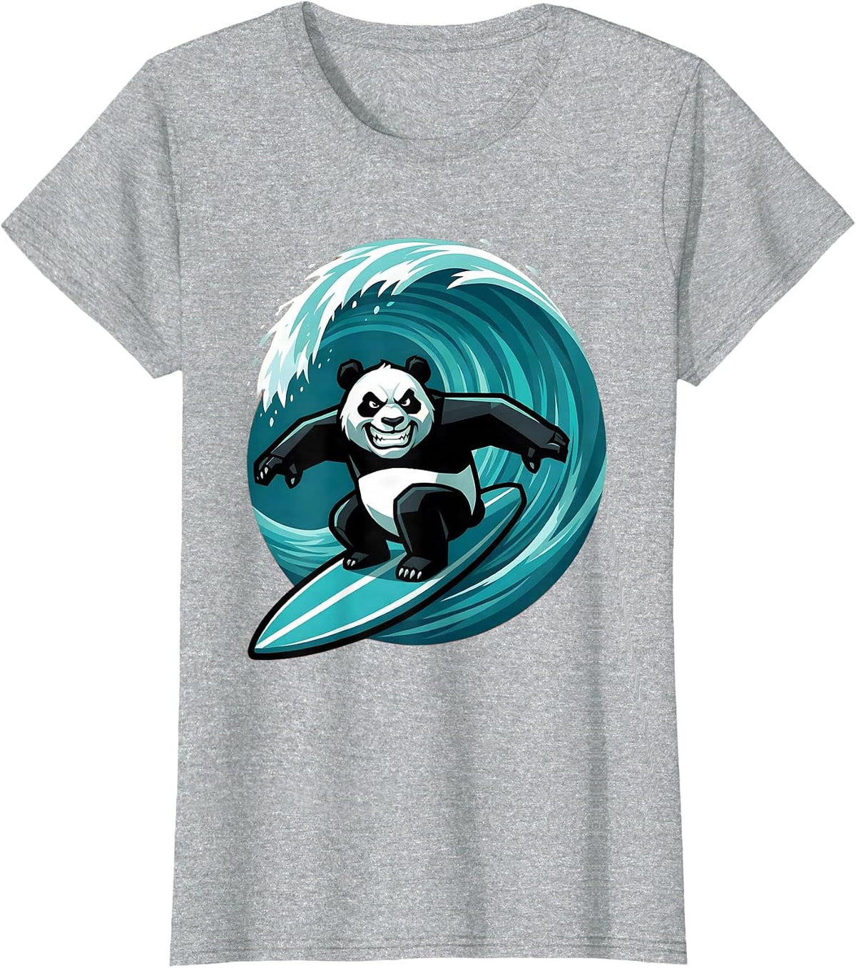 Women's Panda Surfer Riding Giant Ocean Wave T-Shirt - Heather Grey