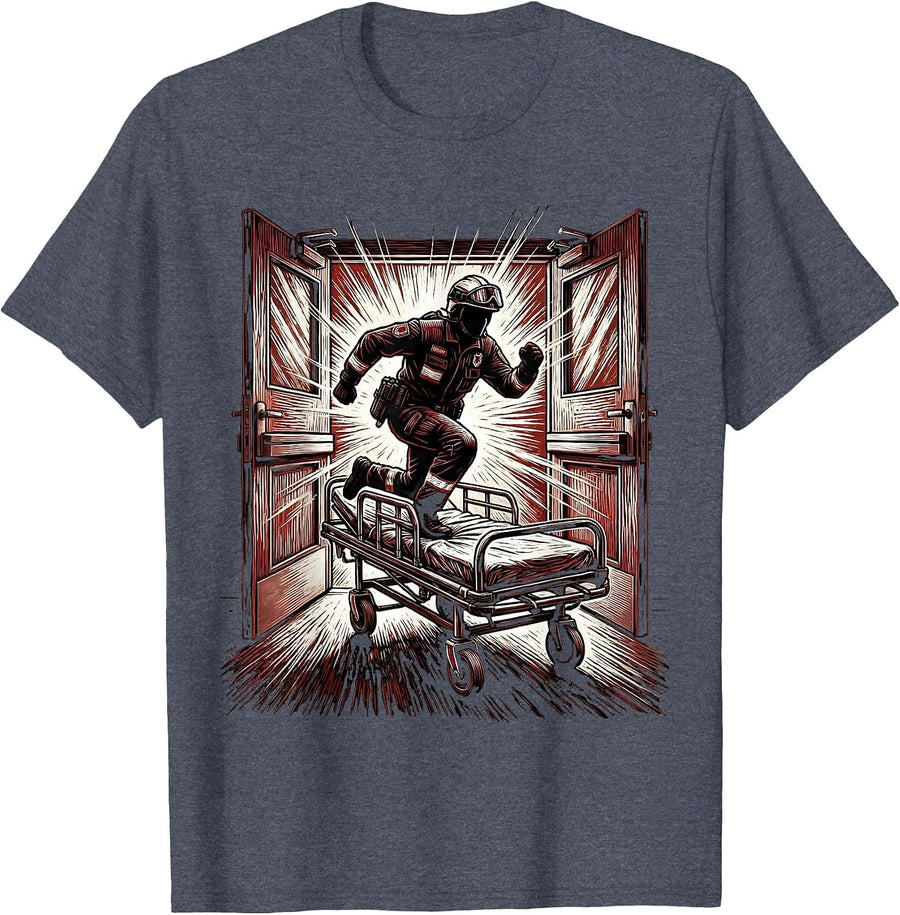 Emergency Department Paramedic Gurney Graphic T-Shirt - Heather Blue