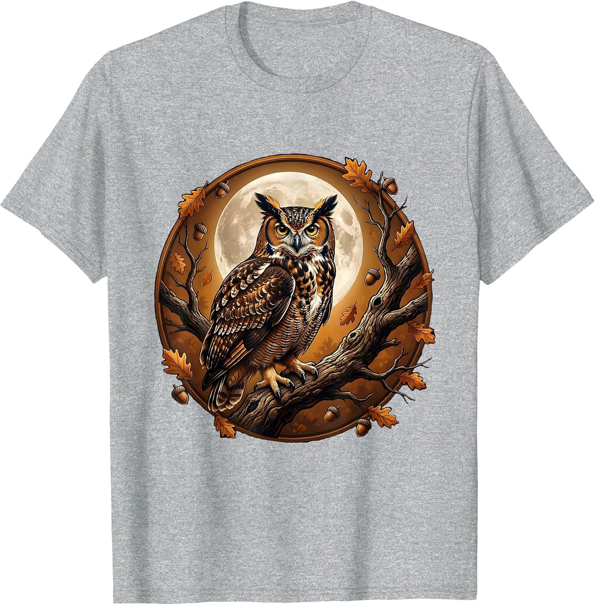 Men's Owl on Branch Full Moon Fall Night Illustration T-Shirt - Heather Grey