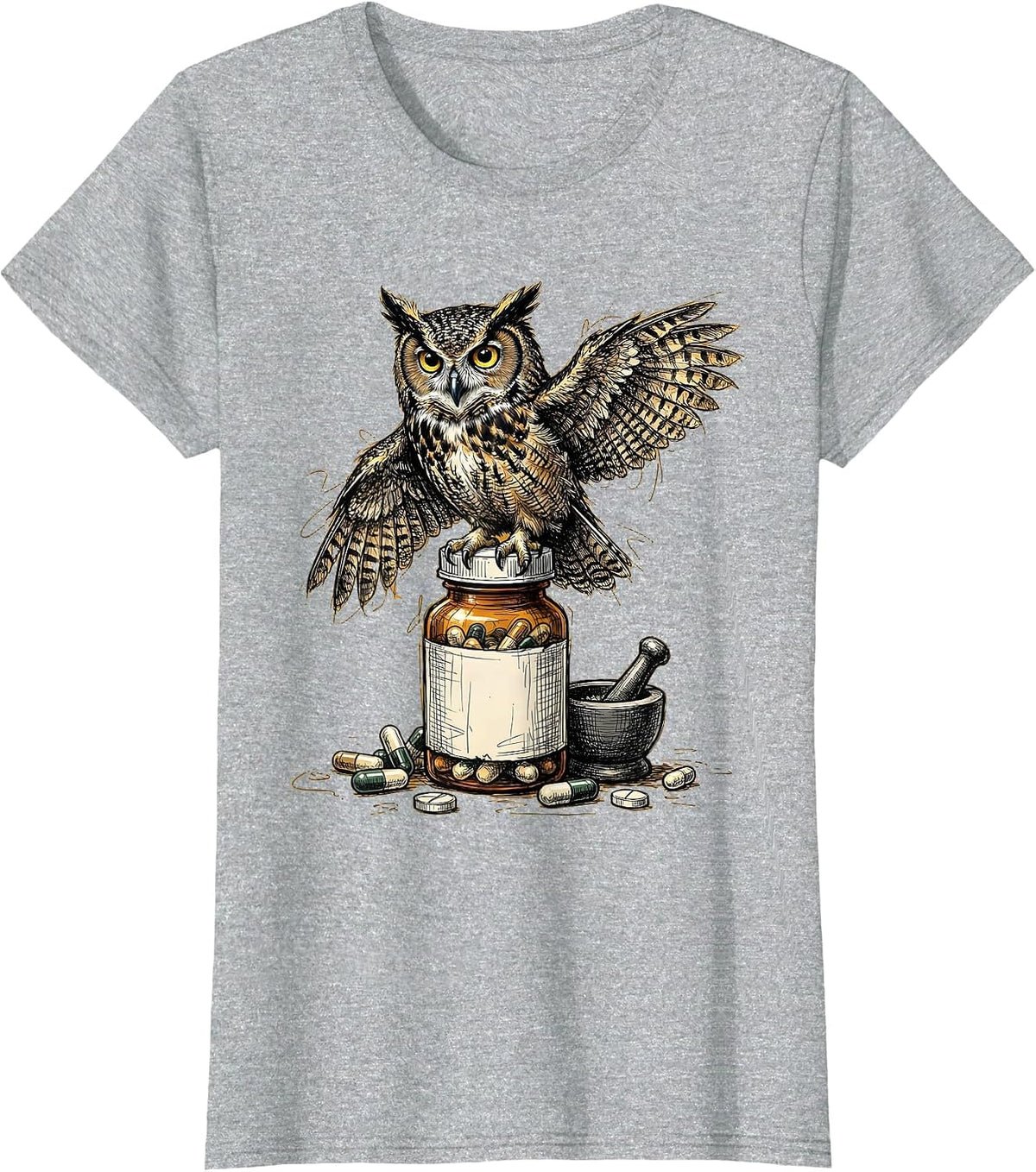 Pharmacy Technician Owl on Prescription Bottle T-Shirt - Heather Grey