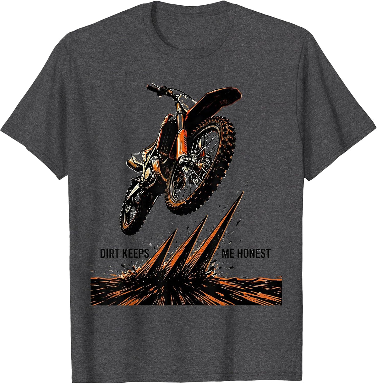 Men's Dirt Keeps Me Honest Linocut Motocross Rider Dirt Bike Pride T-Shirt - Dark Heather Grey