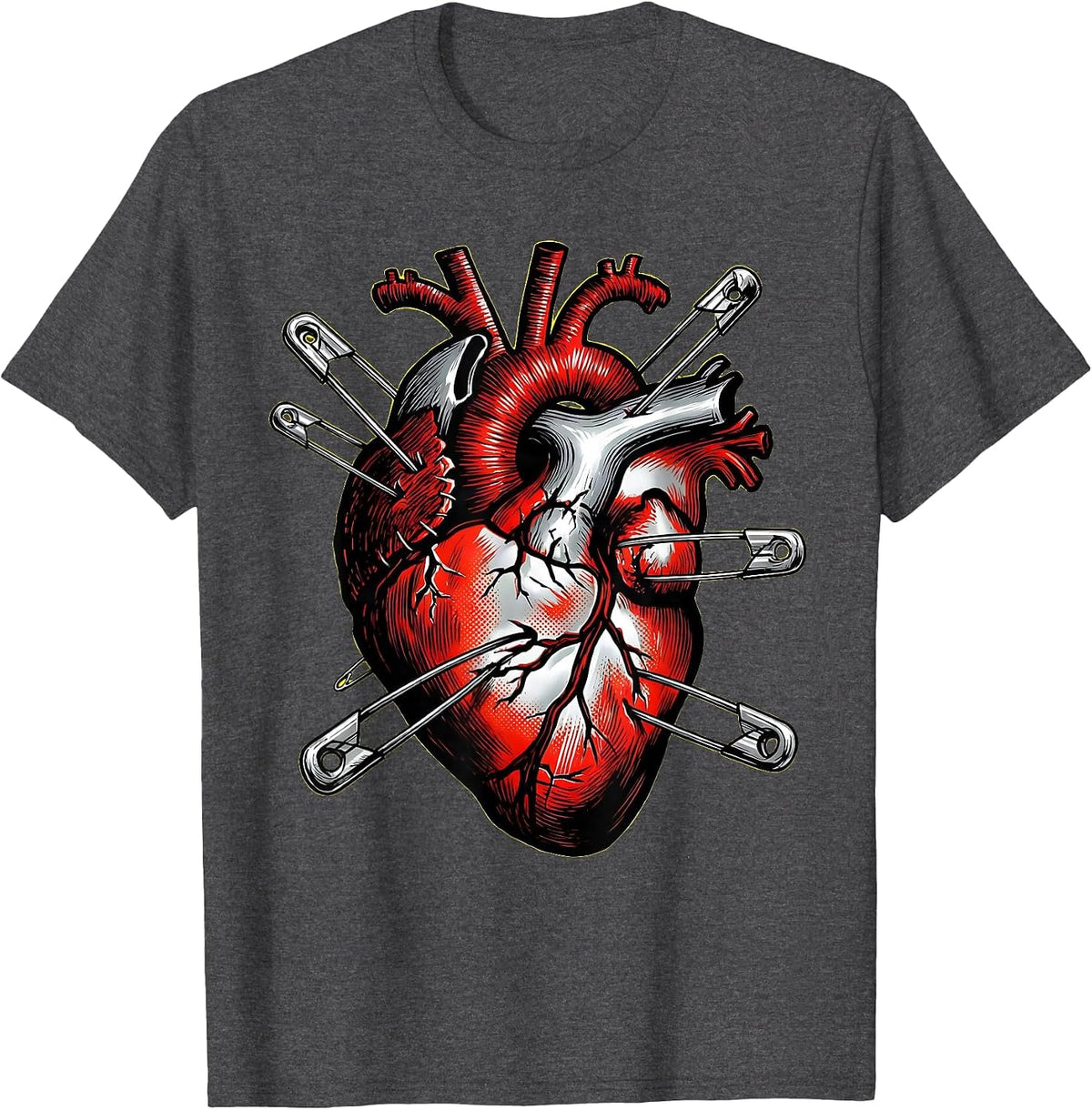 Punk Rock Safety Pin Stitched Heart Graphic T-Shirt - Dark Heather Grey